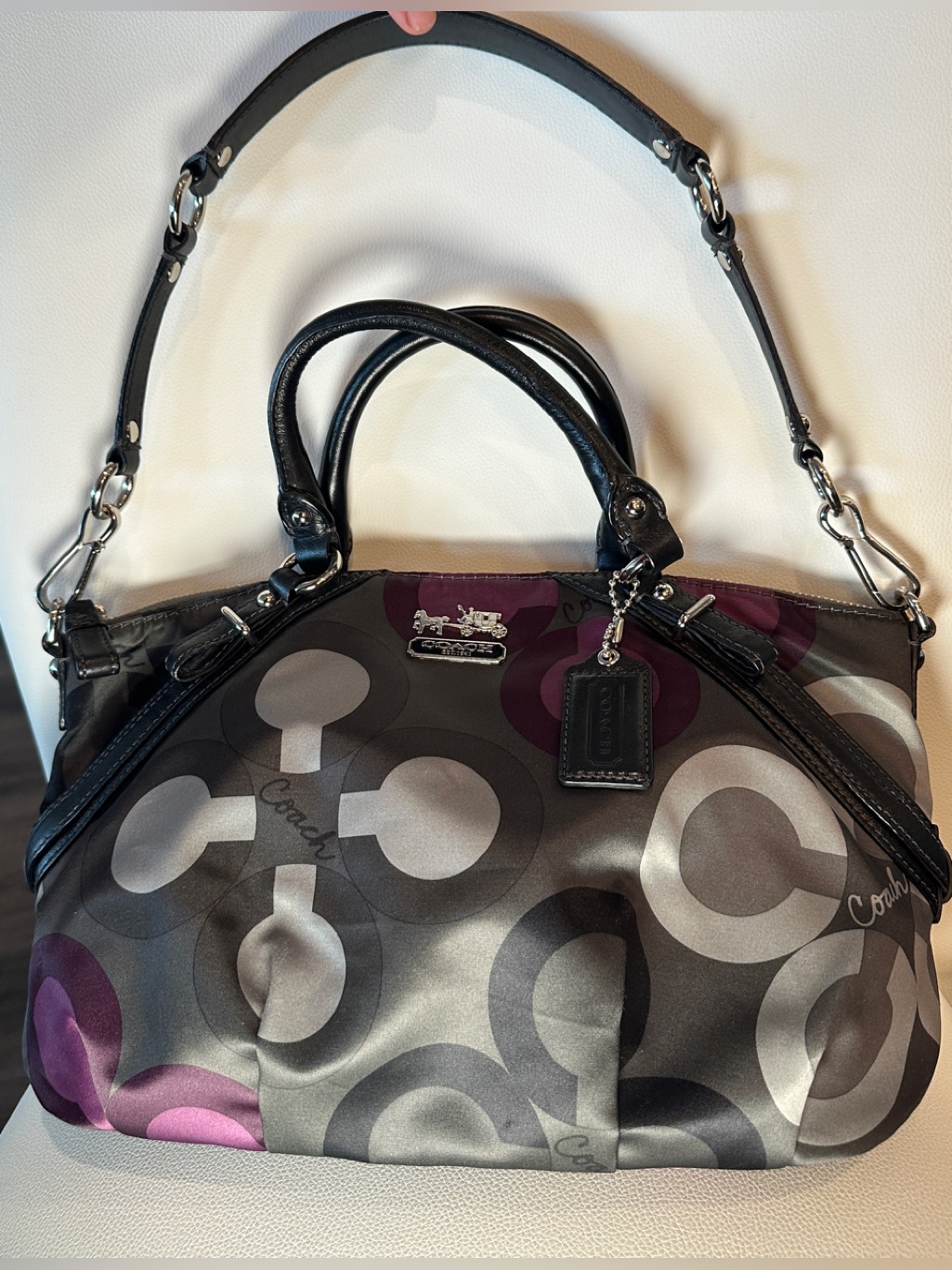 Coach Madison Sophia Sateen Satchel Purple Gray Leather Bag W/ Dust Bag - Euc